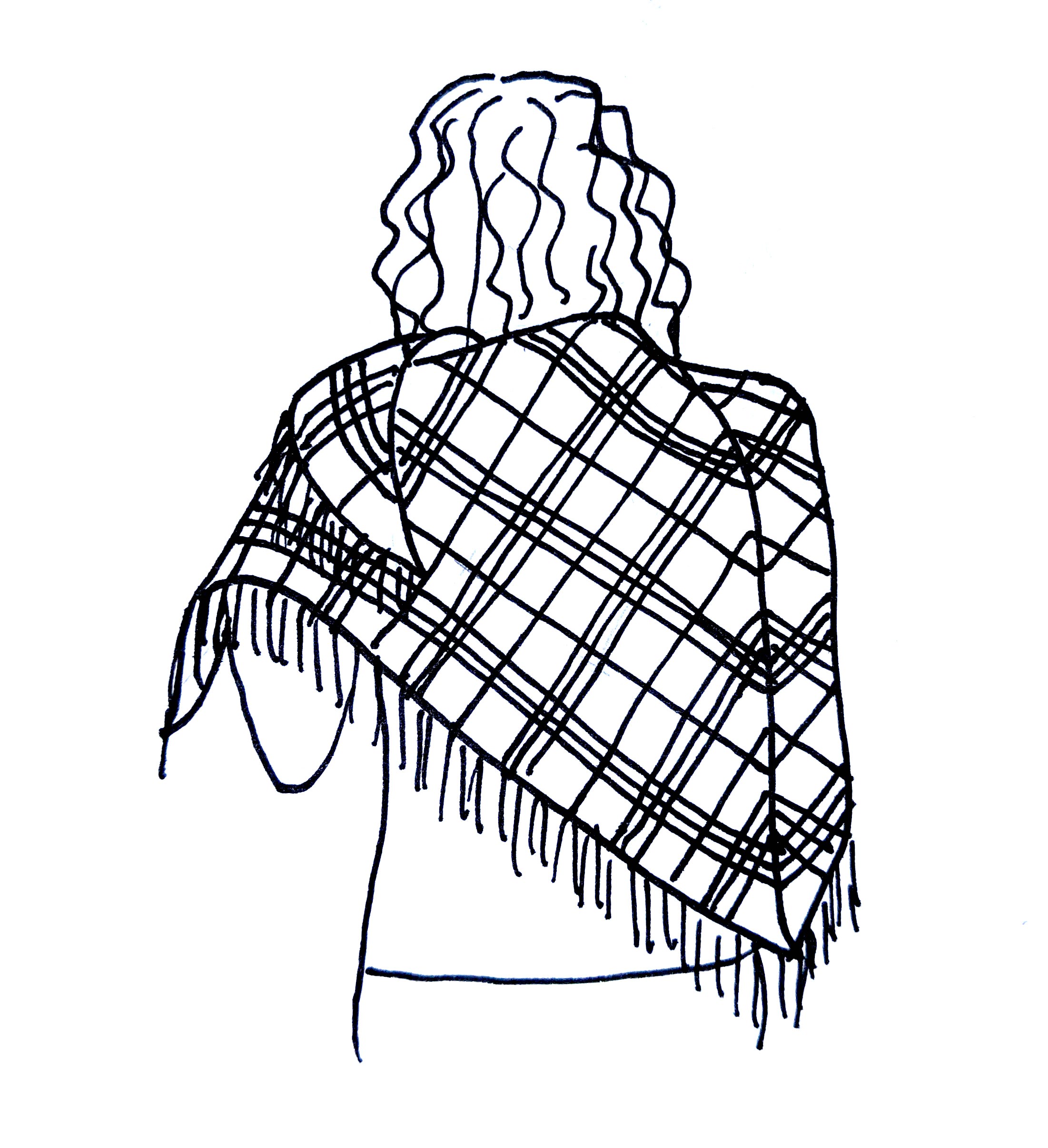 A black and white sketch of the head and torso of a person from behind, with a plaid shawl with fringe draped around their back and shoulders.